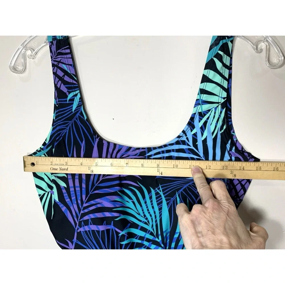 Blair Swimsuit Womens 10 One Piece Tank Black Purple Palm‎ Tropical Print Boyleg